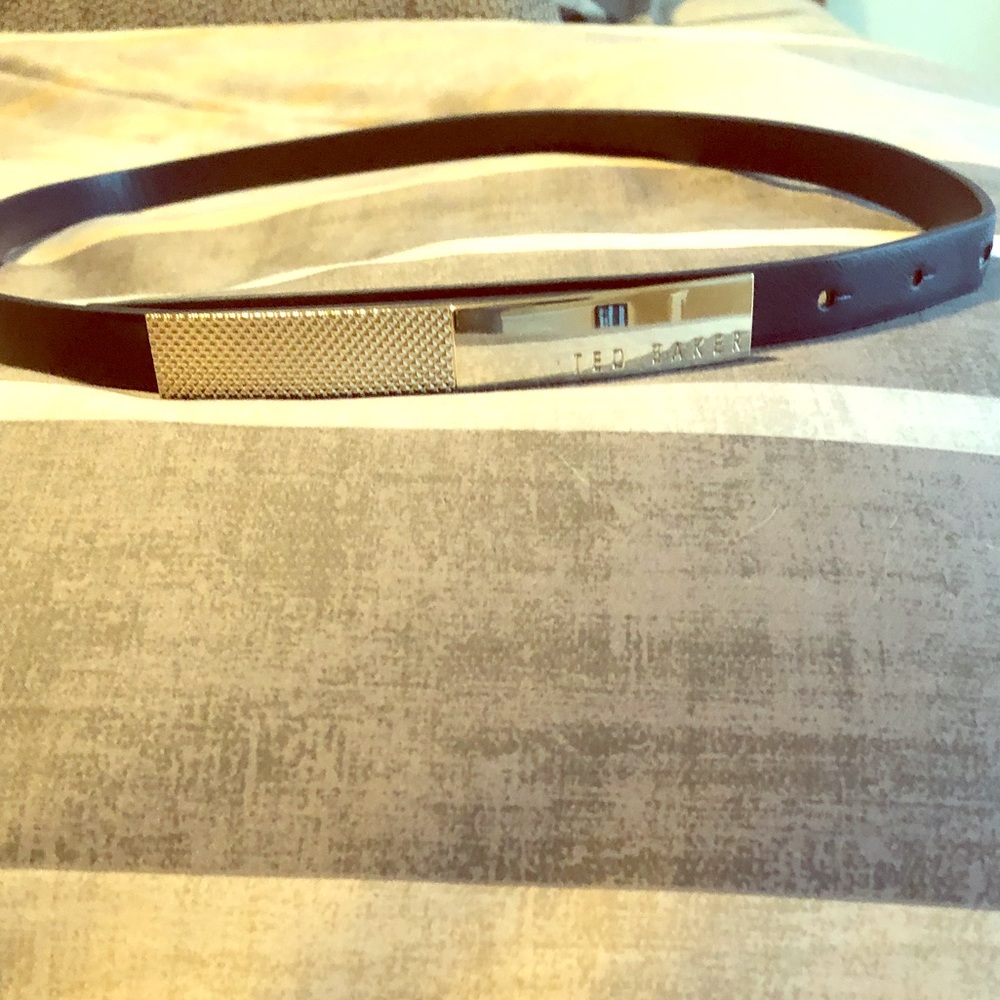 Ted Baker thin black leather belt w/ gold hardware